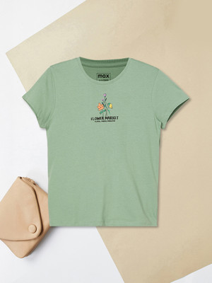 MAX Girls Printed Pure Cotton Regular T Shirt(Green, Pack of 1)