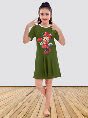 MGRS Girls Above Knee Casual Dress(Green, Half Sleeve)