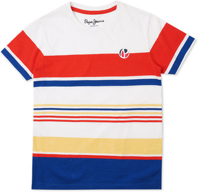 Pepe Jeans Boys Striped Pure Cotton Regular T Shirt(Orange, Pack of 1)