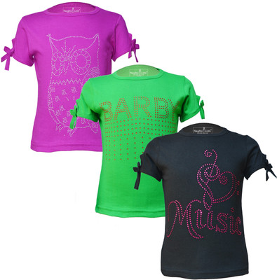 Just Live Fashionn Girls Printed Pure Cotton Regular T Shirt(Black, Pack of 3)