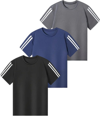 Knit Vey Boys Striped Polyester Regular T Shirt(Multicolor, Pack of 3)
