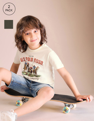 U.S. POLO ASSN. Boys Graphic Print Pure Cotton Regular T Shirt(Multicolor, Pack of 2)