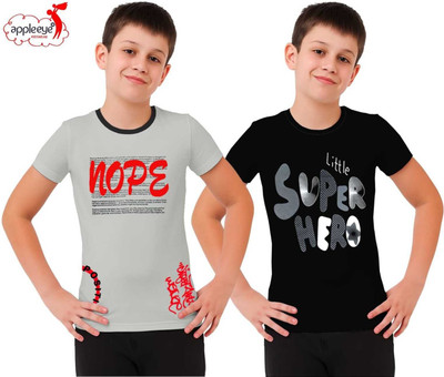 Appleeye Boys Printed Cotton Blend Regular T Shirt(Black, Grey, Pack of 2)
