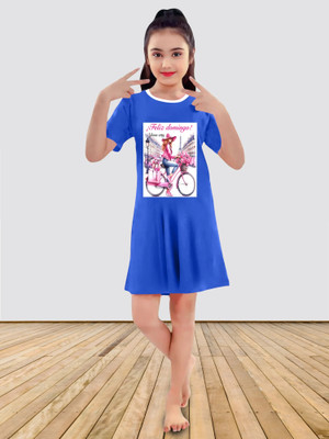HouseOfCommon Baby Girls Printed Pure Cotton Regular T Shirt(Blue, Pack of 1)