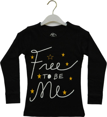 MIST N FOGG Girls Typography, Printed Cotton Blend Slim T Shirt(Black, Pack of 1)
