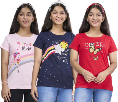 Zuniors-SSC Girls Graphic Print Pure Cotton Regular T Shirt(Multicolor, Pack of 3)