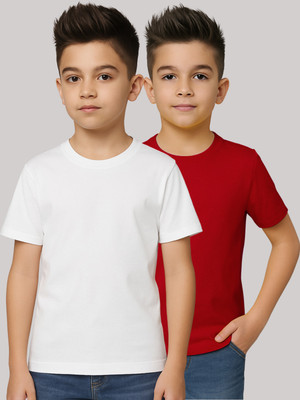 FRISKERS Boys Solid Pure Cotton Regular T Shirt(White, Red, Pack of 2)