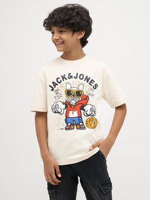 Jack & Jones Junior Boys Printed Cotton Blend Regular T Shirt(Beige, Pack of 1)