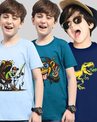 AOOSH Boys Printed Cotton Blend Regular T Shirt(Dark Blue, Light Blue, Pack of 3)