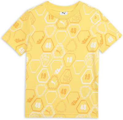 PUMA Boys Printed Cotton Blend Regular T Shirt(Yellow, Pack of 1)