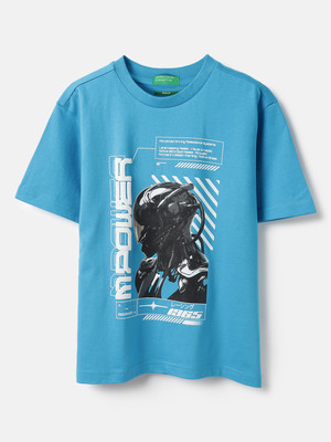 United Colors of Benetton Boys Printed Pure Cotton Regular T Shirt(Blue, Pack of 1)