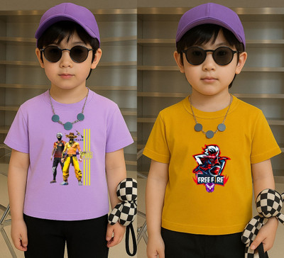 Lecowar Boys Graphic Print Polyester Regular T Shirt(Purple, Yellow, Pack of 2)