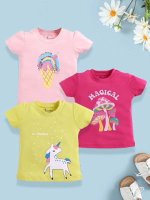 ELEMENOPEE Baby Girls Animal Print Pure Cotton Regular T Shirt(Multicolor, Pack of 3)