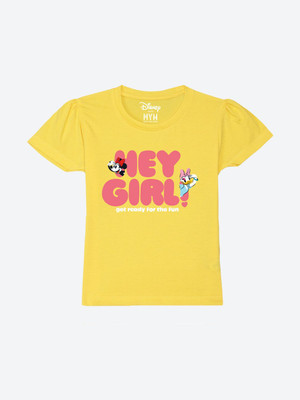 WYM TREND Girls Graphic Print Pure Cotton Regular T Shirt(Yellow, Pack of 1)