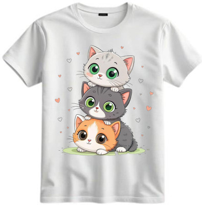 TAPA KON Boys & Girls Printed Polycotton Regular T Shirt(White, Pack of 1)