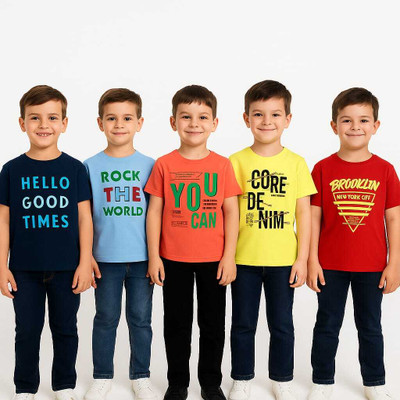 mahfcollection Boys & Girls Printed Pure Cotton Regular T Shirt(Multicolor, Pack of 5)