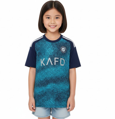 Thiva Boys & Girls Printed Polyester Regular T Shirt(Blue, Pack of 1)