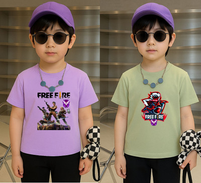 Lecowar Boys Printed Polyester Regular T Shirt(Purple, Green, Pack of 1)