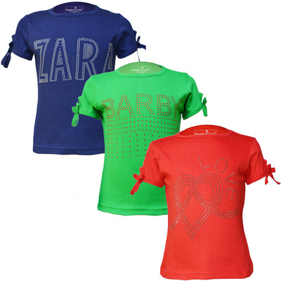 Just Live Fashionn Girls Printed Pure Cotton Regular T Shirt(Multicolor, Pack of 3)