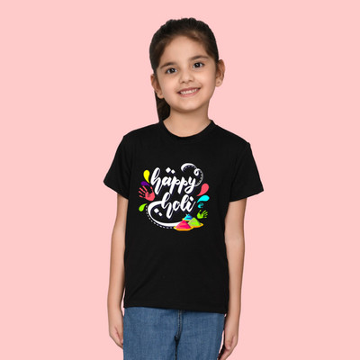 Nusyl Girls Typography, Graphic Print Cotton Blend Regular T Shirt(Black, Pack of 1)