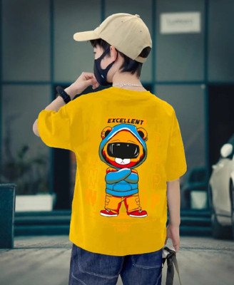 BuckleMen Boys Typography Pure Cotton Oversized T Shirt(Yellow, Pack of 1)