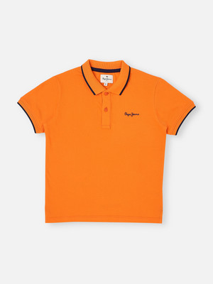 Pepe Jeans Boys Printed Cotton Blend Regular T Shirt(Orange, Pack of 1)