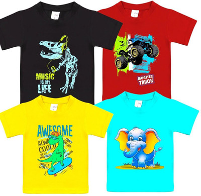 Styks Baby Boys & Baby Girls Printed Cotton Blend Regular T Shirt(Multicolor, Pack of 4)