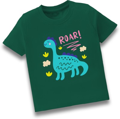 MINIDINO Boys & Girls Graphic Print Pure Cotton Regular T Shirt(Green, Pack of 1)