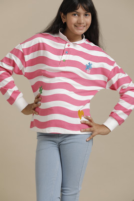 Under Fourteen Only Girls Striped Pure Cotton Regular T Shirt(Pink, White, Pack of 1)