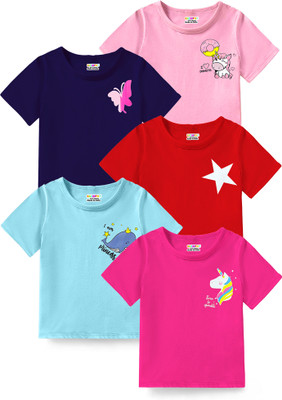 Kuchipoo Baby Girls Printed Cotton Blend Regular T Shirt(Multicolor, Pack of 5)