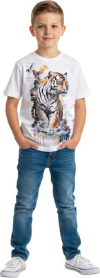 KNCH Boys & Girls Graphic Print Polyester Regular T Shirt(White, Pack of 1)