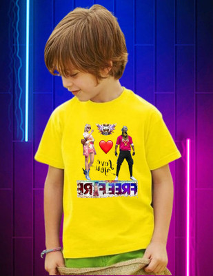 Snojh Boys & Girls Printed Cotton Blend Regular T Shirt(Yellow, Pack of 1)