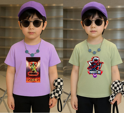 Lecowar Boys Printed Polyester Regular T Shirt(Purple, Green, Pack of 1)