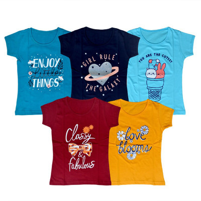 FAZZA Girls Typography Pure Cotton Regular T Shirt(Multicolor, Pack of 5)