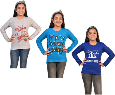 IndiWeaves Girls Printed Pure Cotton Regular T Shirt(Multicolor, Pack of 3)