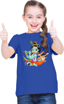 Mahifashion trend Girls Printed Polyester Oversized T Shirt(Dark Blue, Pack of 1)