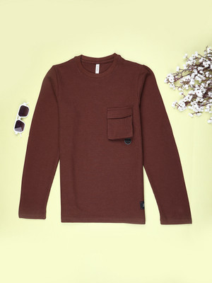 V-MART Boys Solid Cotton Blend Regular T Shirt(Brown, Pack of 1)