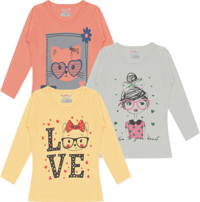 kiddeo Girls Graphic Print Pure Cotton Regular T Shirt(Multicolor, Pack of 3)