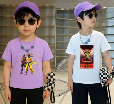 Lecowar Boys Graphic Print Polyester Regular T Shirt(Purple, White, Pack of 2)