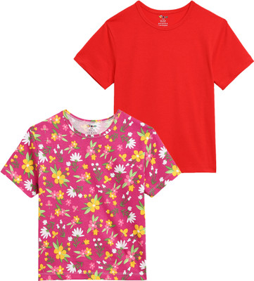 TOTCO Boys & Girls Solid, Printed Pure Cotton Regular T Shirt(Multicolor, Pack of 2)