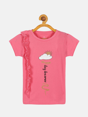 KiddoPanti Girls Typography, Graphic Print Pure Cotton Regular T Shirt(Pink, Pack of 1)