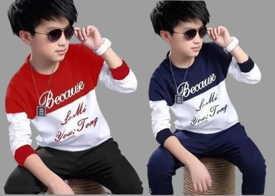 Ticoss Boys Typography Cotton Blend Regular T Shirt(Multicolor, Pack of 2)