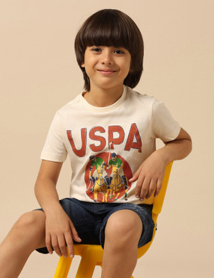 U.S. POLO ASSN. Boys Graphic Print Pure Cotton Regular T Shirt(Beige, Pack of 1)