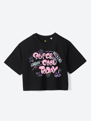 Yk Girls Graphic Print Pure Cotton Regular T Shirt(Black, Pack of 1)