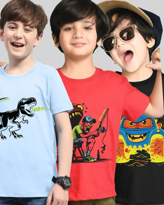 AUSK Boys Printed Cotton Blend Regular T Shirt(Multicolor, Pack of 3)