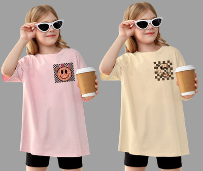 KEESOR Girls Printed Cotton Blend Oversized T Shirt(Multicolor, Pack of 2)