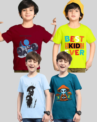 AOOSH Boys Printed Cotton Blend Regular T Shirt(Multicolor, Pack of 4)