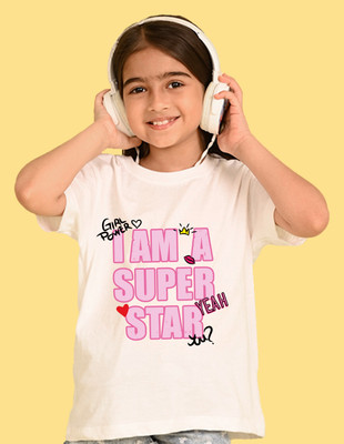 Nusyl Girls Graphic Print Cotton Blend Oversized T Shirt(White, Pack of 1)