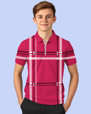 AUSK Boys Checkered Cotton Blend Regular T Shirt(Pink, Black, Pack of 1)