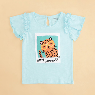 Pantaloons Baby Baby Girls Printed Pure Cotton Regular T Shirt(Blue, Pack of 1)